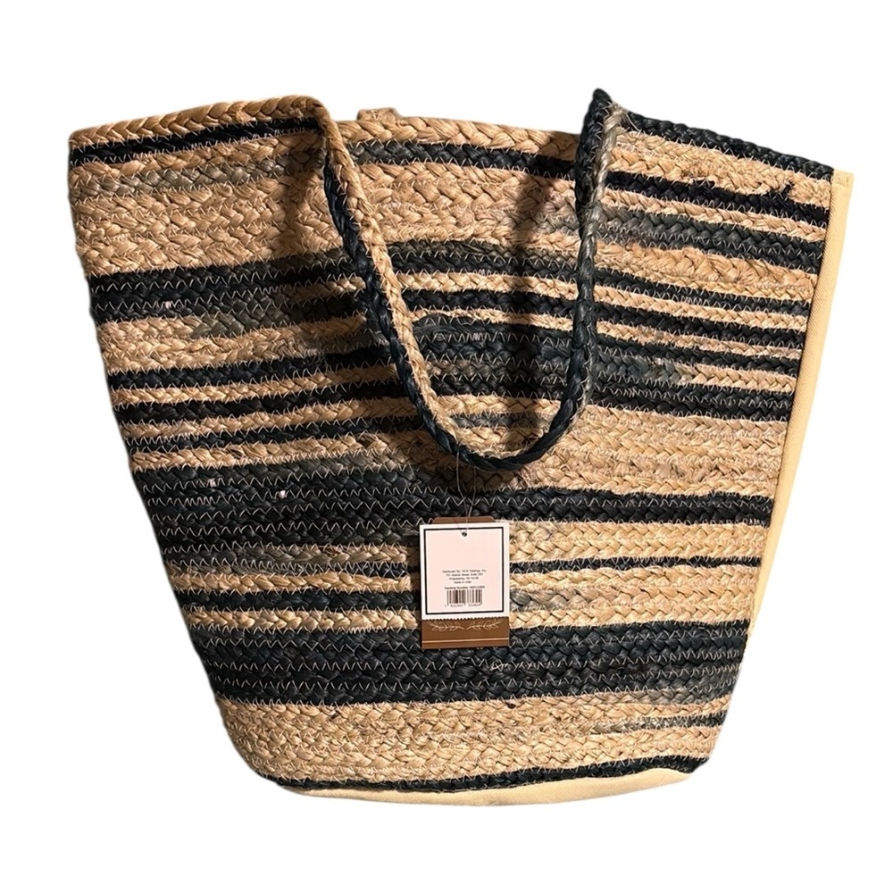 5B Style Handmade Tie-Dyed Jute Tote Bag Navy & Cream Striped NWT